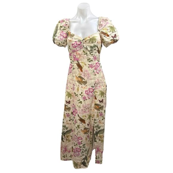 & Other Stories 100% Linen Floral Short Puff Sleeve Slit A Line Midi Dress Sz 6 - Picture 2 of 7